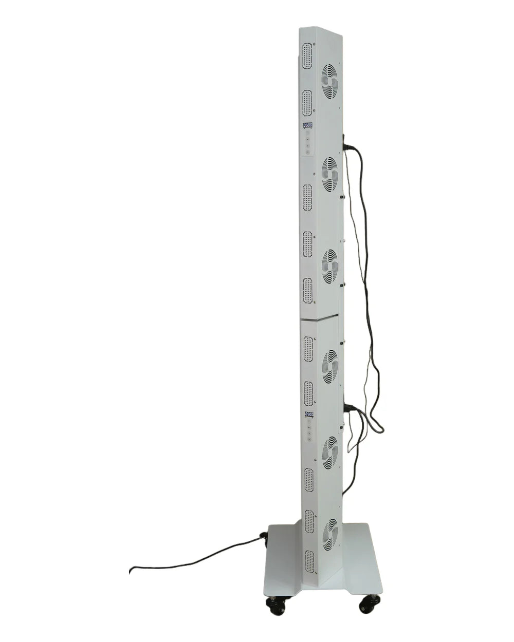6000W-PLUS side and rear view of both modules and their connection cables; optional floor base shown separately
