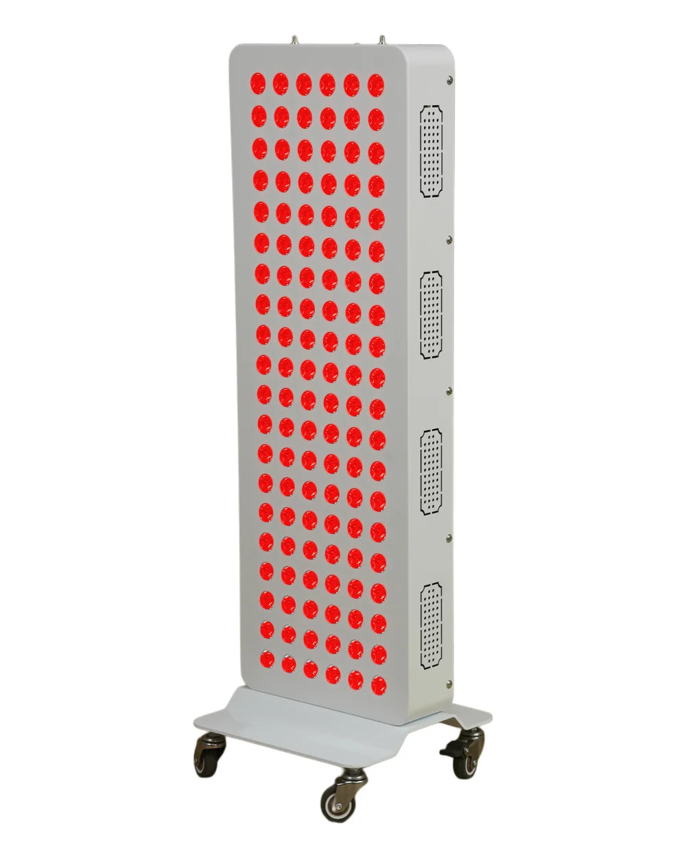 FocusLuma 600W, three-quarter front view, red LEDs illuminated ; optional rolling base shown