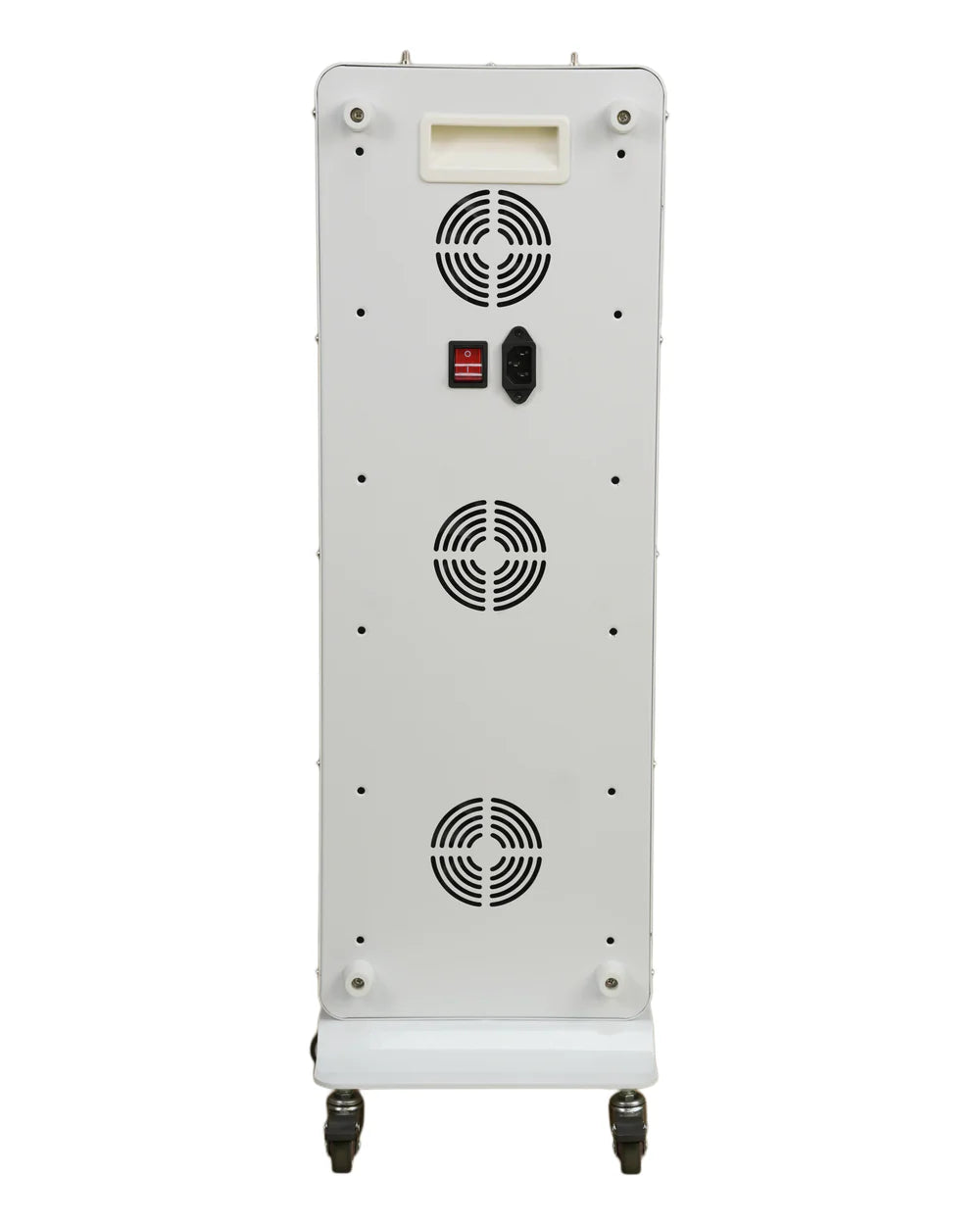 600W-PLUS rear view with three cooling fans and power connection; optional floor base shown separately