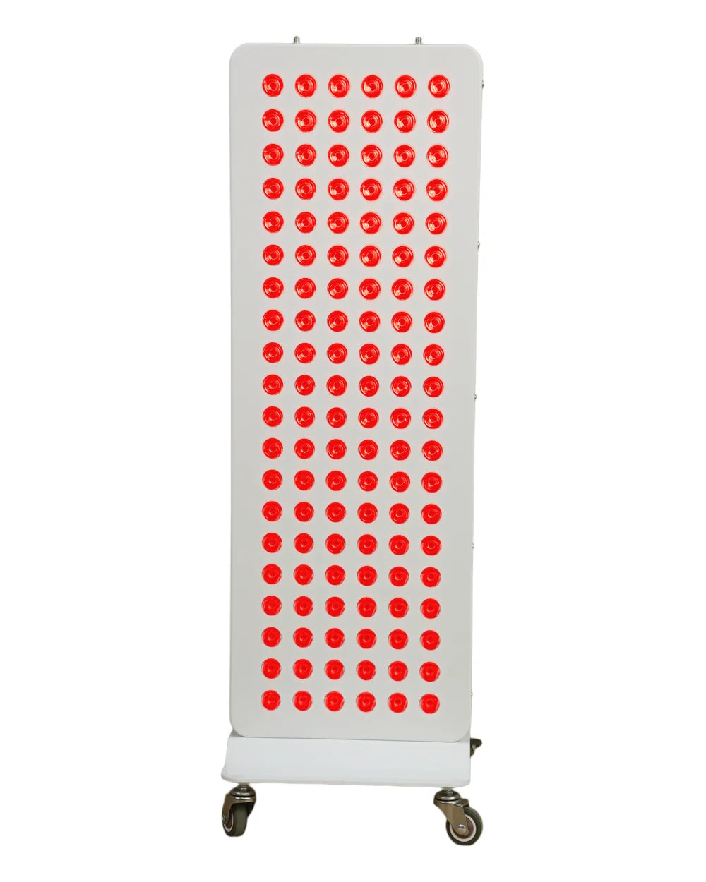 FocusLuma 600W, front view, red LEDs illuminated ; optional rolling base shown