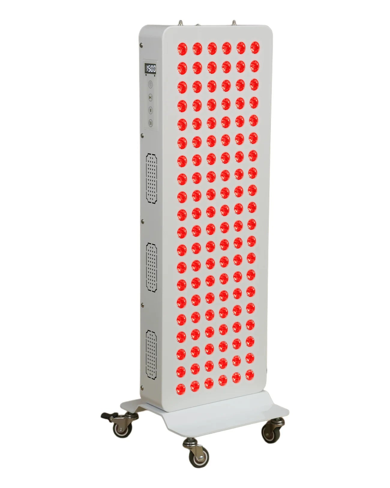 FocusLuma 600W, three-quarter front view, red LEDs illuminated ; optional rolling base shown