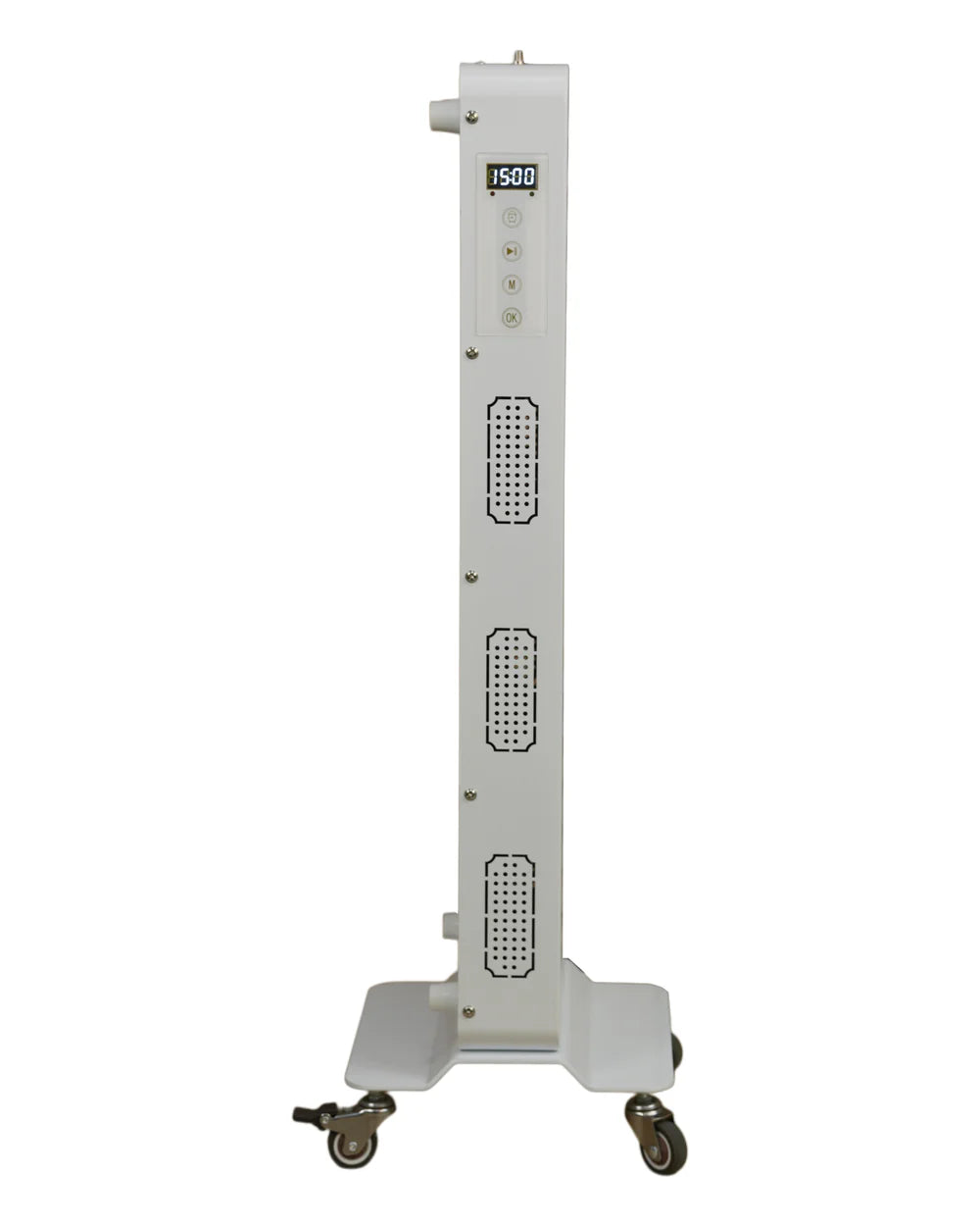 600W-PLUS side view of timer, buttons and ventilation; optional floor base shown separately