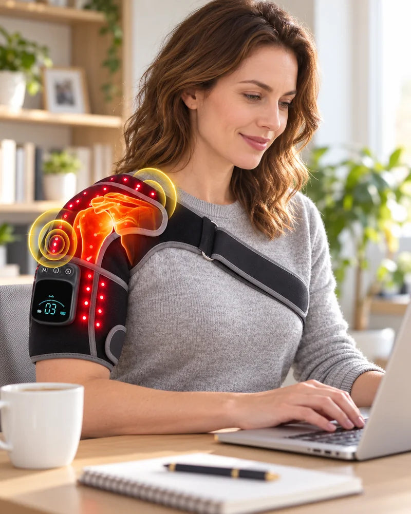 Woman working on a laptop while wearing the ArcLuma shoulder wrap