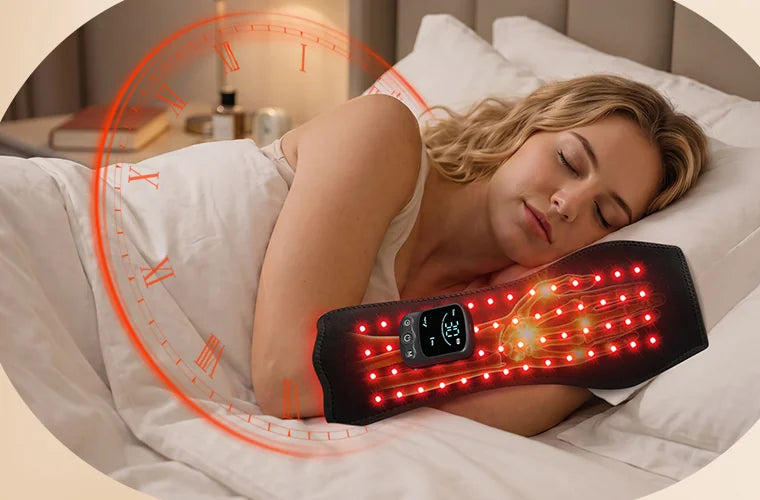 Woman resting in bed with the glove on her arm