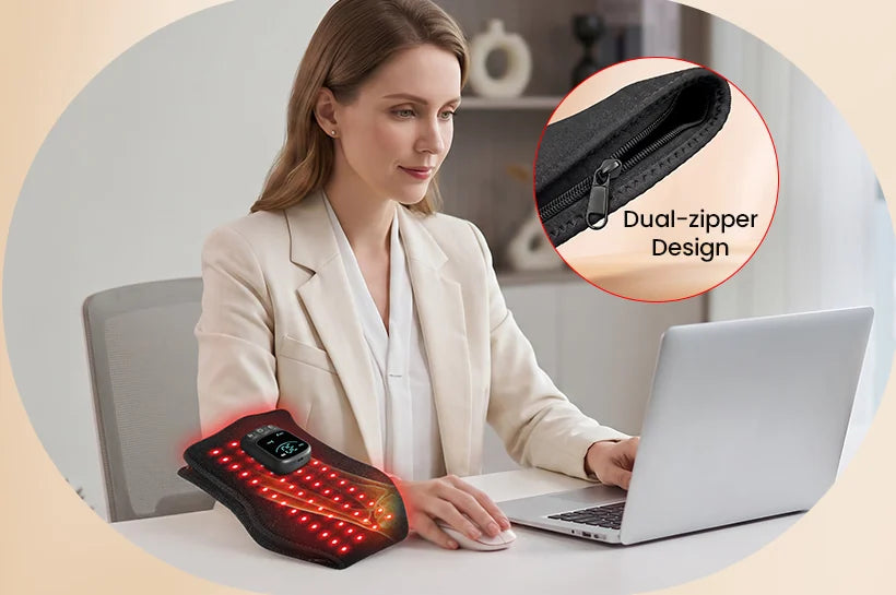 Woman using her mouse with the glove's front zipper opened so her fingers stay free