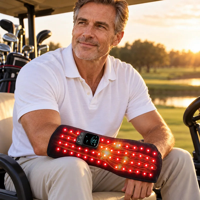 Golfer in a cart after a round with the glove on his hand