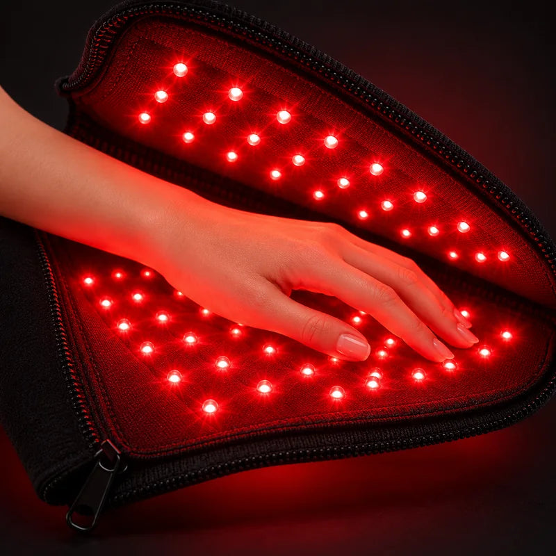 A hand resting between the two glowing LED layers of the PalmLuma glove