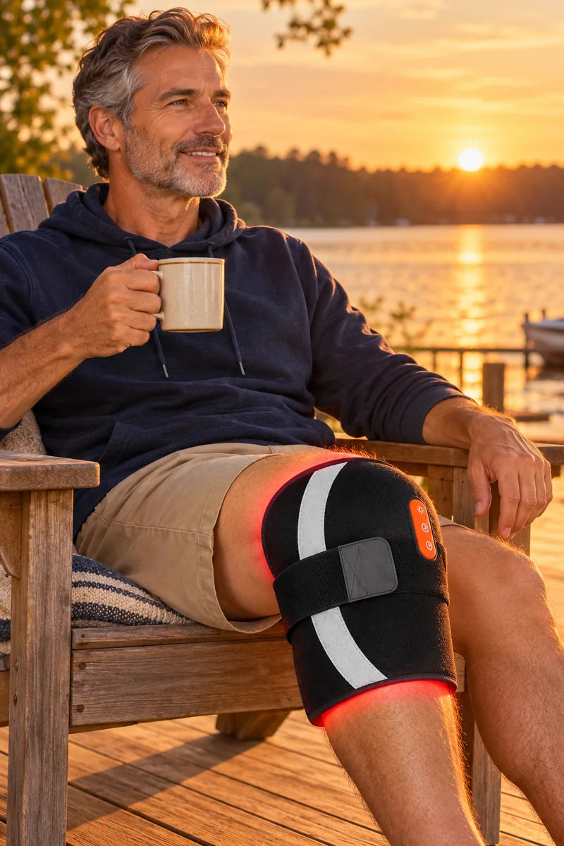 Man on a lakeside porch at sunset with the pad wrapped from thigh to calf around his knee