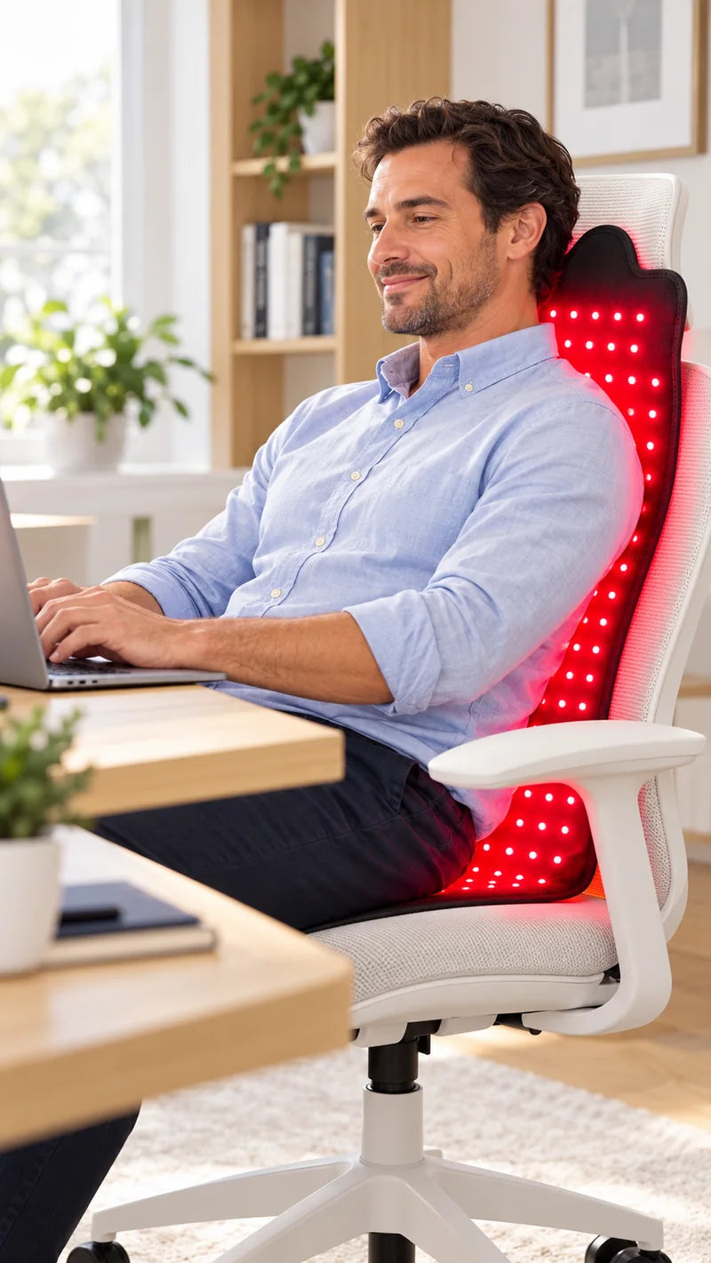 Man at his desk leaning back against the glowing pad laid down his office chair