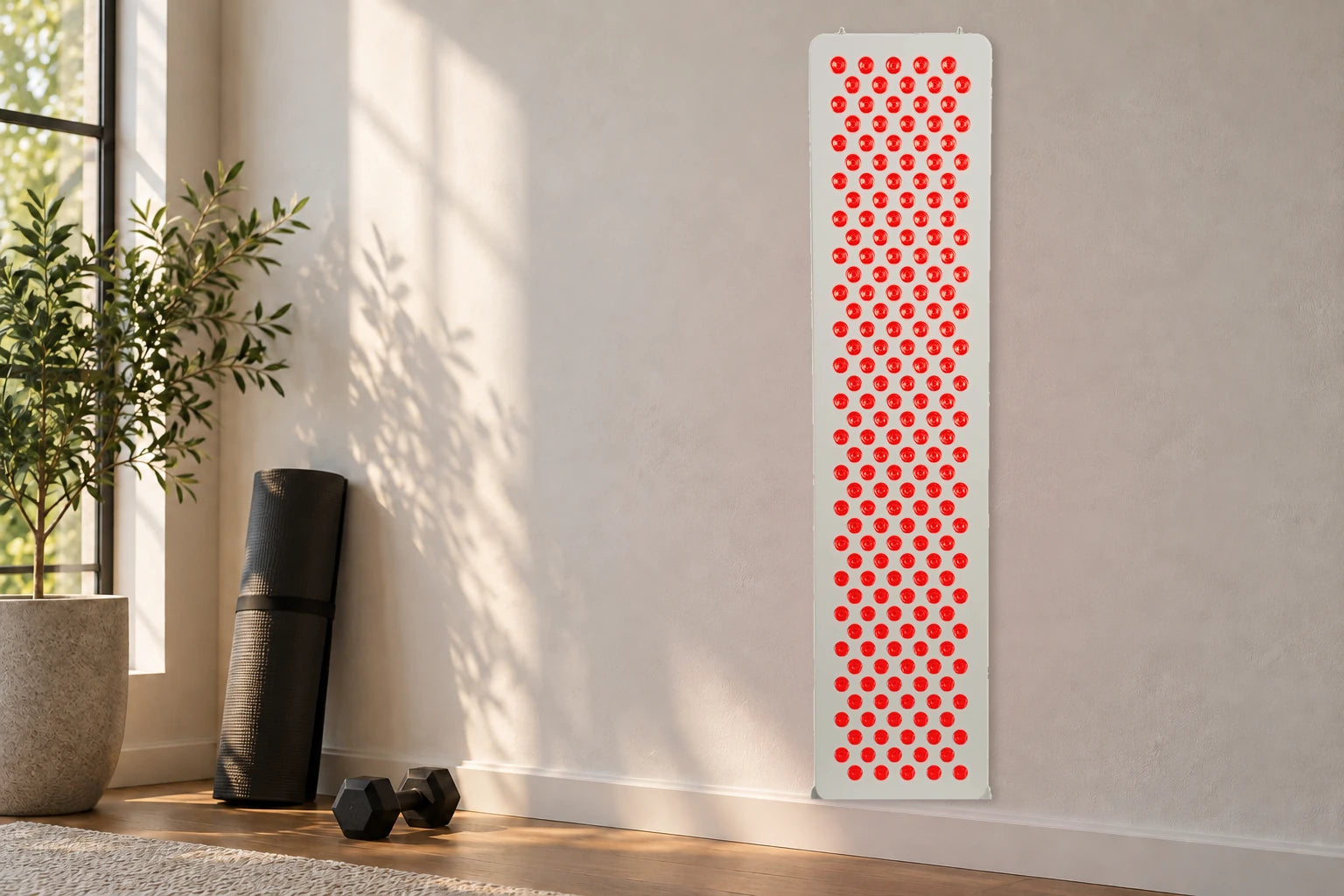 CoreLuma 1000W red light panel with visible red LEDs illuminated in a bright home workout corner