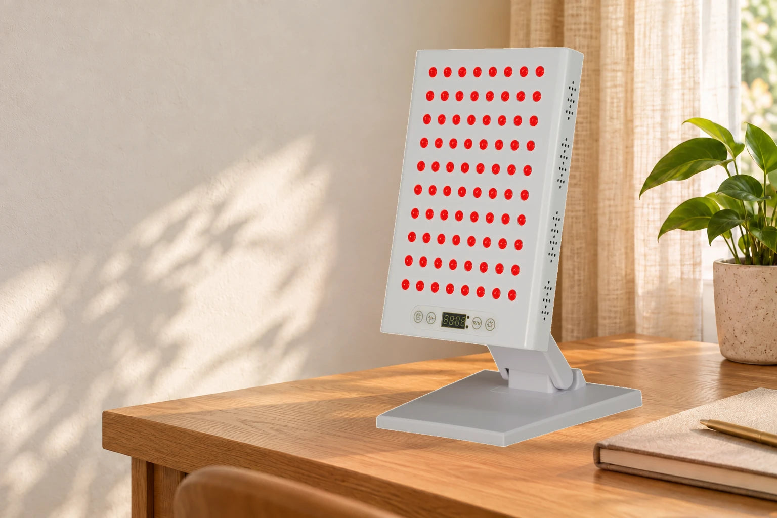 GlowLuma 400W red light panel with visible red LEDs illuminated in a warm home desk setting