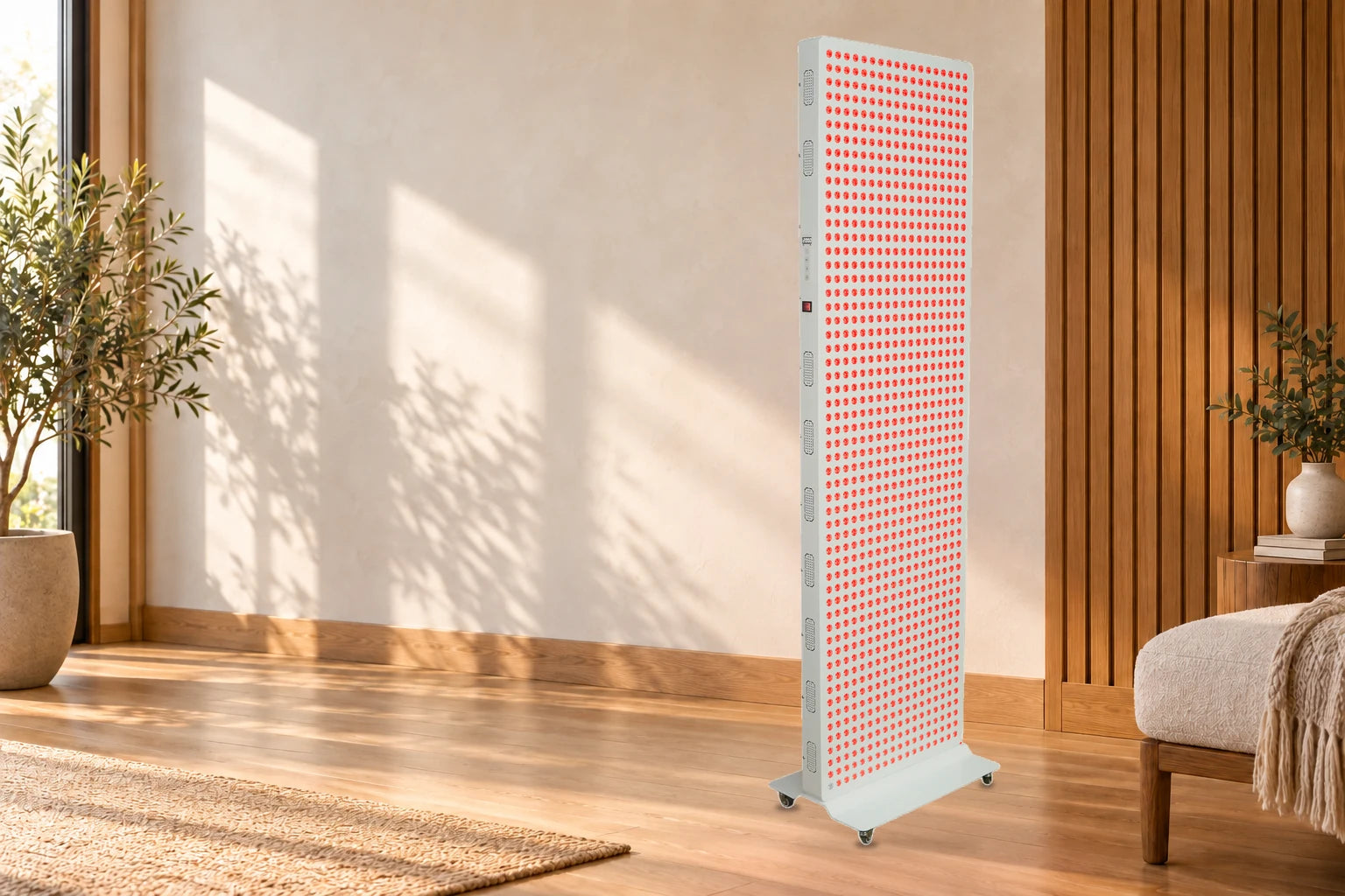 HorizonLuma 5000W red light panel with visible red LEDs illuminated in a sunlit home studio