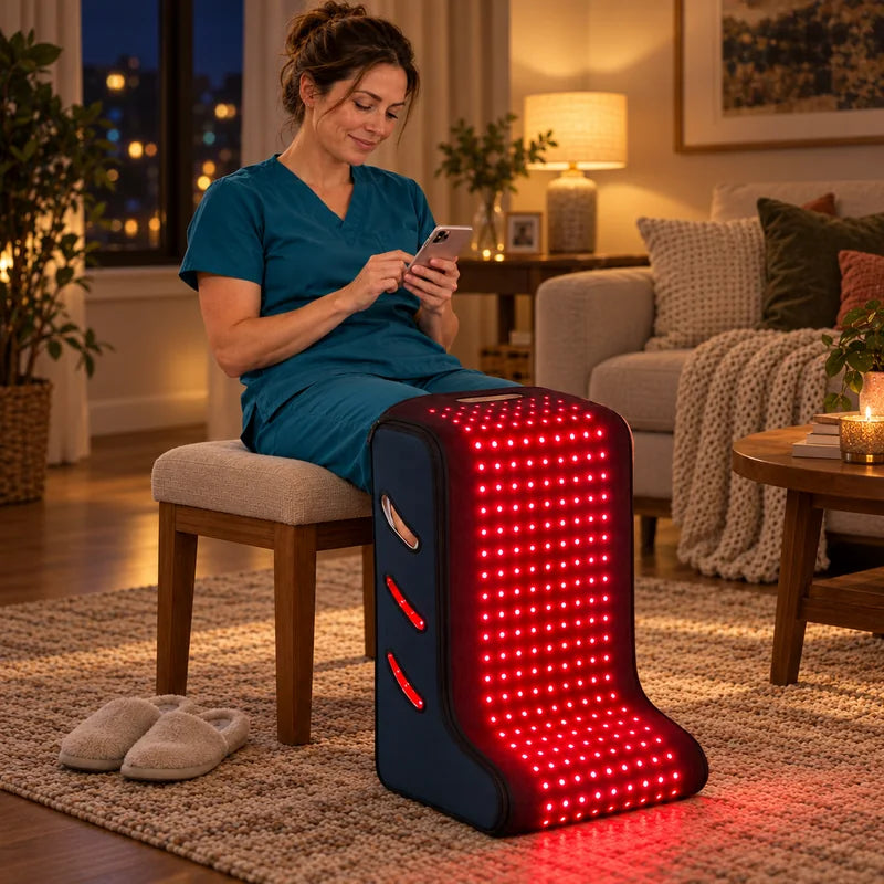 Nurse in scrubs on a stool at home with both legs in the boot, slippers off