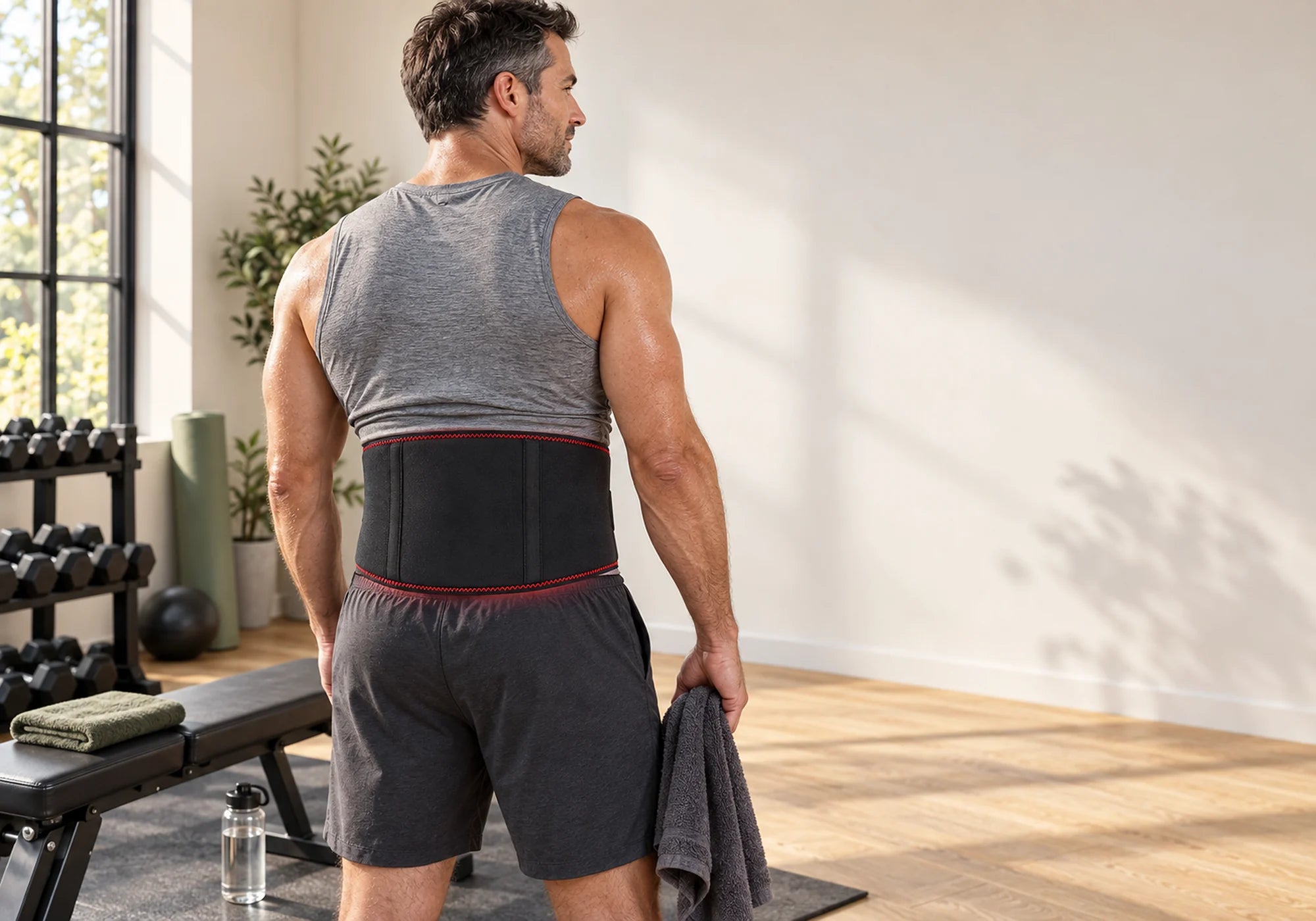 Man wearing the SlimLuma belt around his lower back after exercise